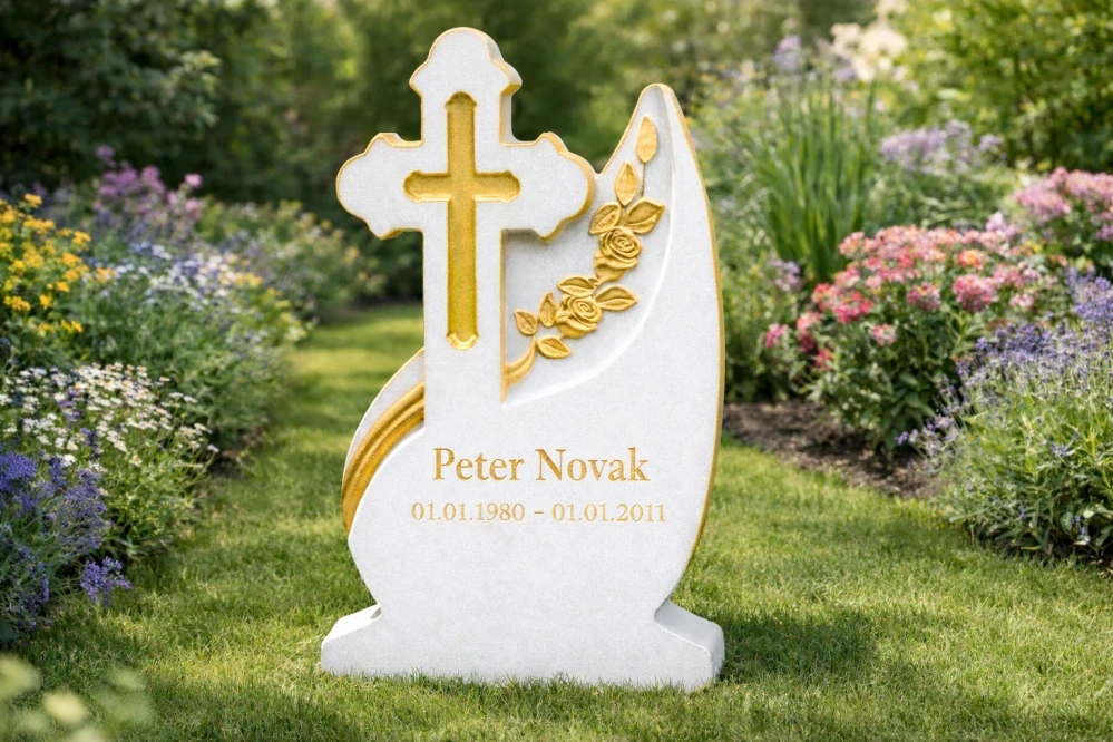 Betónový náhrobný pomník s krížom -  zlaté detaily CR-9